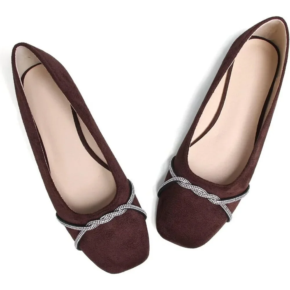 Women's Brown Suede Casual Fashion Chain Pointed Toe Ballet Flat Rhinestone